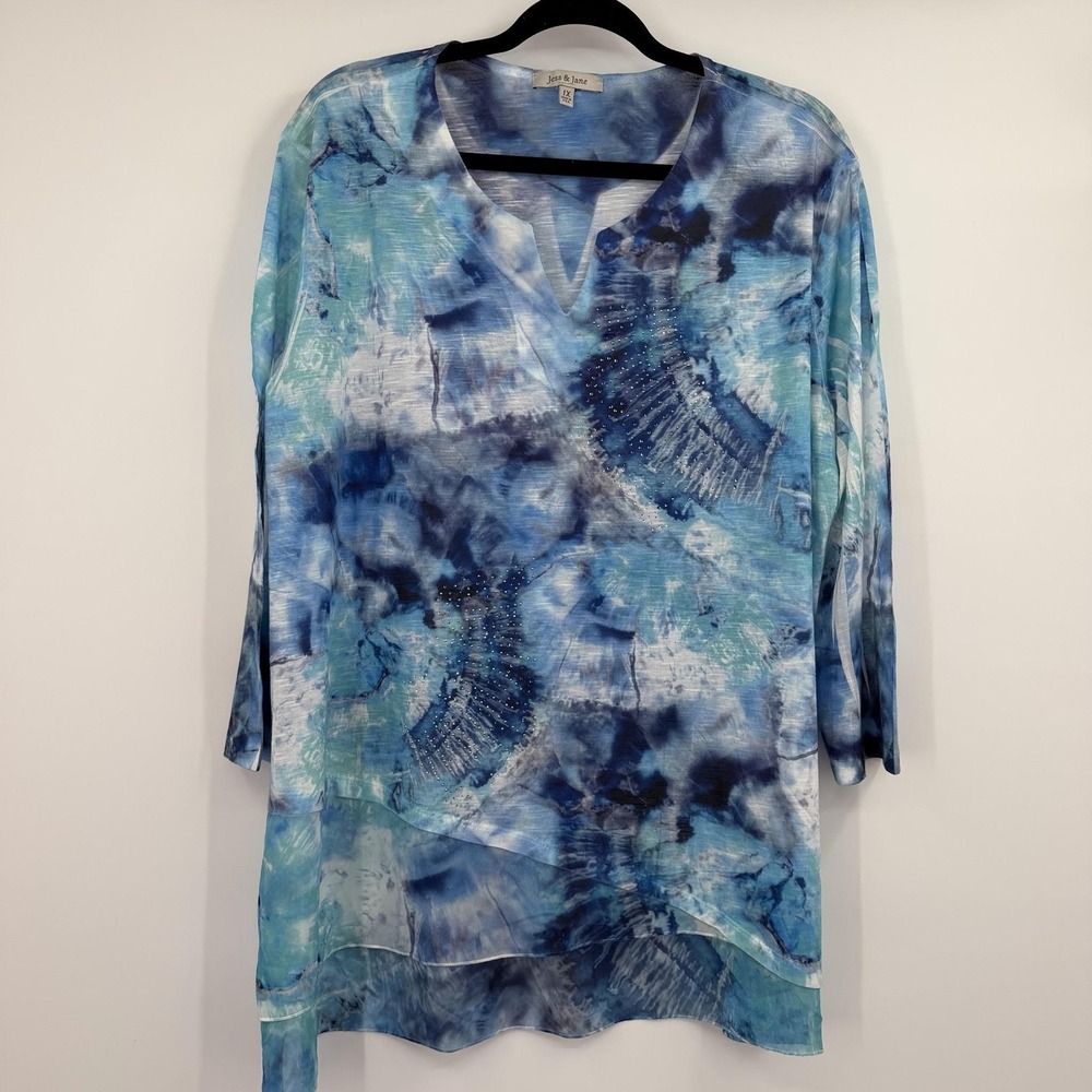 Jess & Jane Tunic Womens 1X Blue Multicolor V-Neck Long Sleeve Rhinestone